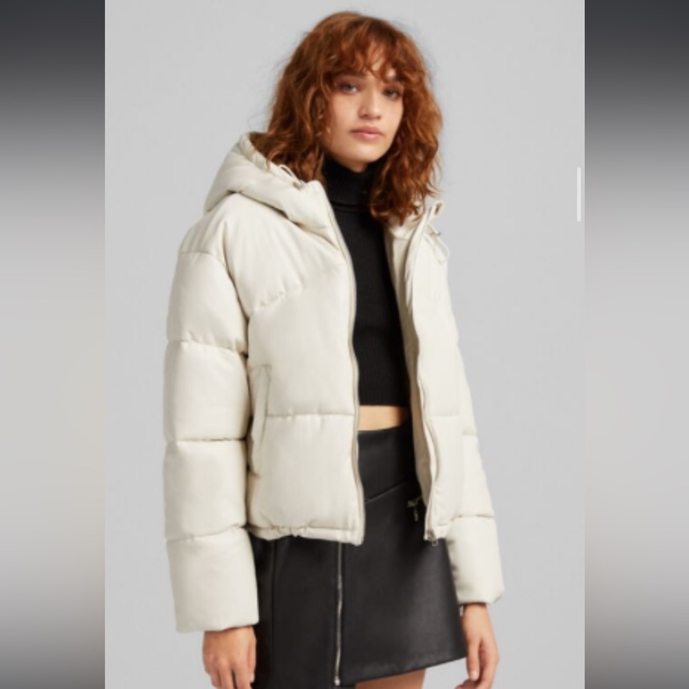 Bershka Faux Leather Puff Jacket with Hood